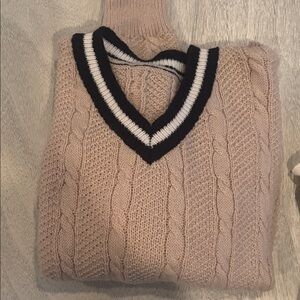 Beige Cable Knit Sweater with Black and White Trim